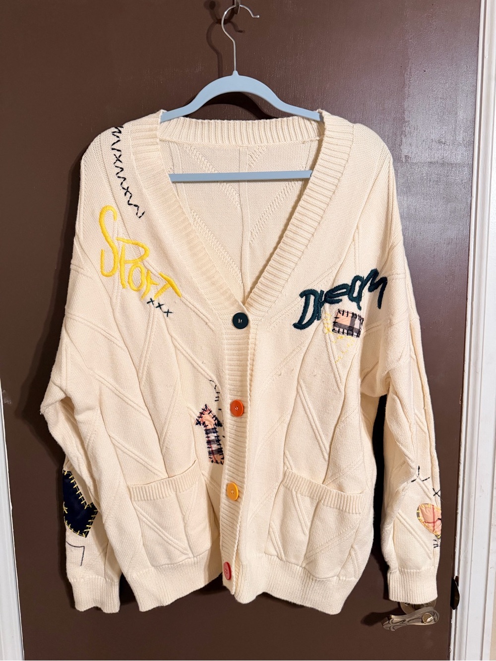 Cream Embroidered Button-Front Cardigan Sweater